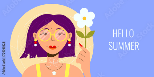 Banner of a girl with a bob in sunglasses and a straw hat holding a flower on vacation at the seaside. Vector illustration of vacation and travel concept. Summer memory.