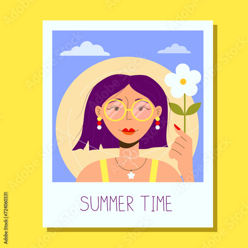 Polaroid photo of a girl with a bob in sunglasses and a straw hat holding a flower on vacation at the seaside. Vector illustration of vacation and travel concept. Summer memory.