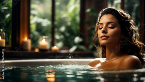 A woman relaxing in the jacuzzi of a spa  eyes closed and relaxed in a hot water bath  feeling good on her relaxation time