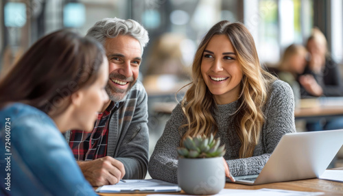 A couple smiling and talking to their loan officer in the real estate office Generative AI Illustration