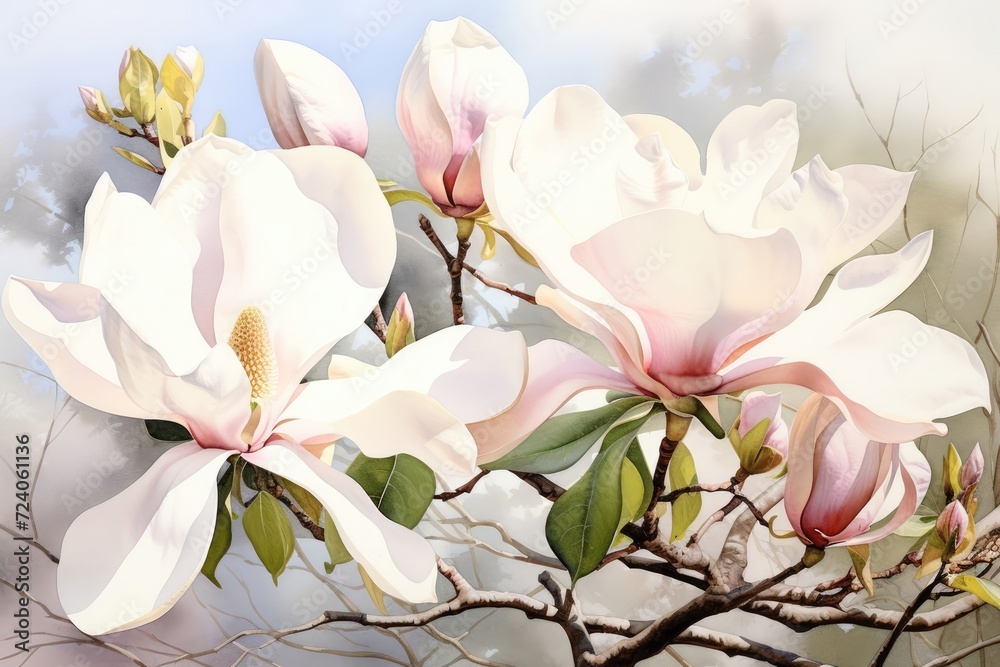 Blooming white and pink close-up flowers of magnolia on a branch with young leaves, growing in spring park or botanical garden, with blurred white background Blooming white and pink close-up flowers of magnolia on a branch with young leaves, growing in spring park or botanical garden, with blurred white background