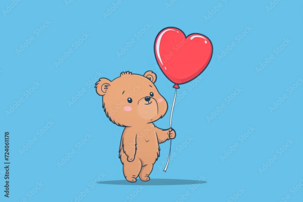 Cute cartoon bear with a heart shaped balloon on a blue background Generative AI