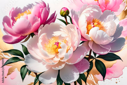 Delicate watercolor peonies flowers and green leaves. Floristic vintage, soft colors.