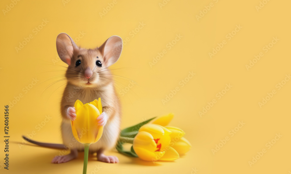 Cute mouse with tulip on light yellow background. Mother's day, Valentine's day, Women's day concept.