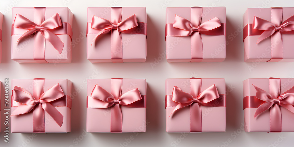 Pink gift boxes with ribbon isolated on white background in love vibe