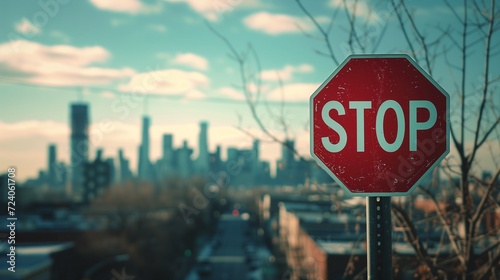 Un panneau stop surplombe la ville photo