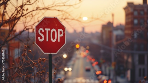 Un panneau stop dans une rue surplombe la ville photo