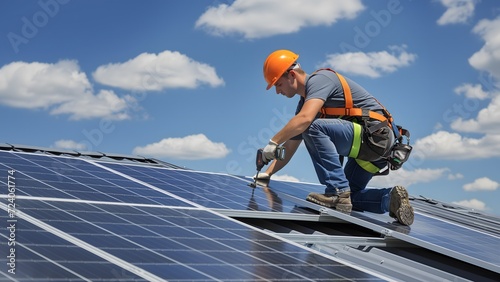 Un ouvrier pose des panneaux solaire sur le toit d'une maison d'un particulier
