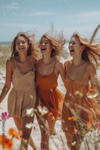 Three young women in summer dresses are walking through a field of flowers, laughing and smiling.