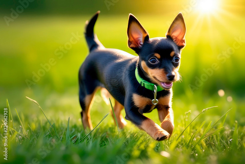 Happy toy terrier dog running over a green meadow.