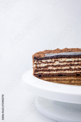 A delicious cake in a restaurant. Close-up