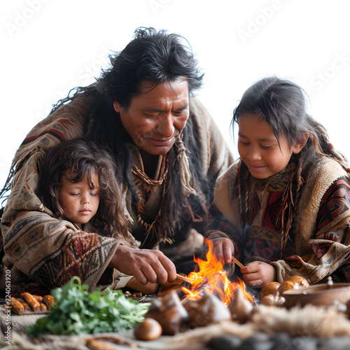 Indigenous family cooking over an open fire isolated on white background, cinematic, png 
