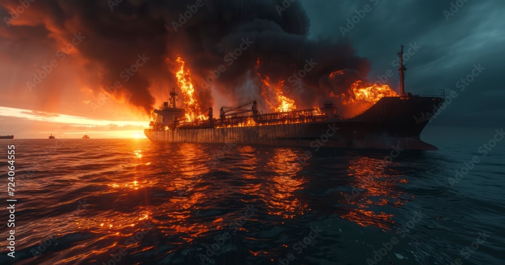 Inferno at Sea - Burning oil tanker, ecological disaster Inferno at Sea - Burning oil tanker, ecological disaster