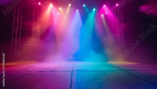 Empty stage with colorful party lights copy space