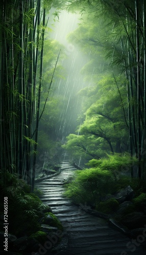 A serene bamboo forest with slender green stalks stretching towards the sky  creating a calming atmosphere.
