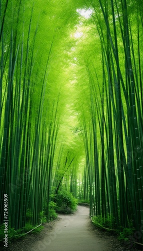 A serene bamboo forest with slender green stalks stretching towards the sky, creating a calming atmosphere.