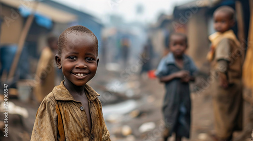 Smiling African children next to poverty shanties photo