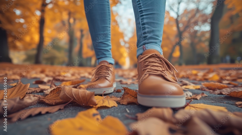 A Woman's Elegant Stride in Stylish Shoes, Highlighted in an Autumnal Park Setting A Woman's Elegant Stride in Stylish Shoes, Highlighted in an Autumnal Park Setting