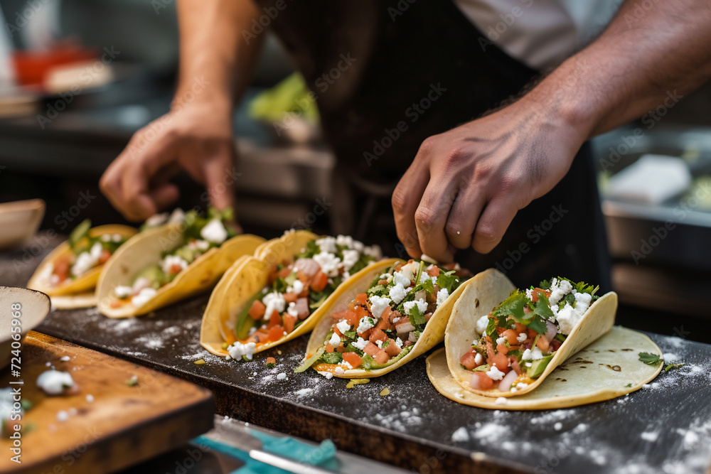 a skilled chef assembling gourmet Mexican tacos in a modern kitchen