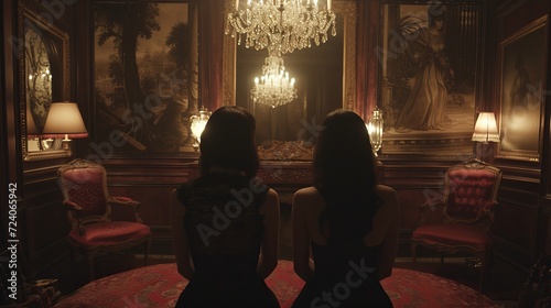 two girls in a mansion rear view