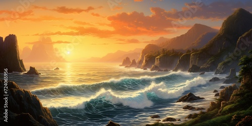 A serene coastal scene with waves gently crashing against rugged cliffs  the sun setting over the horizon.