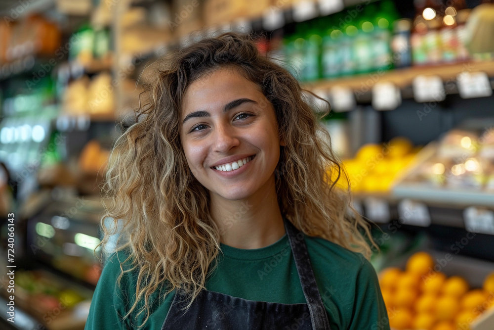 A young woman clerk at a greengrocer smiles at the camera