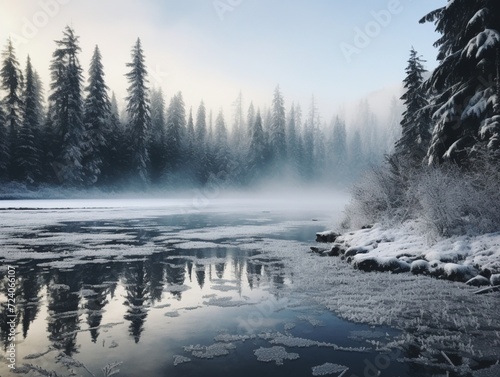 A serene frozen lake, with a layer of snow covering the ice and distant evergreen trees in the background.