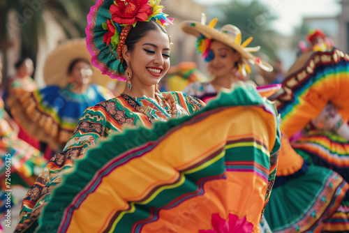a traditional Cinco de Mayo parade with colorful floats dancers in traditional attire photo
