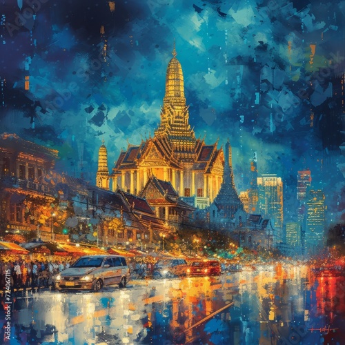 A painting of a colorful cityscape with a temple at night