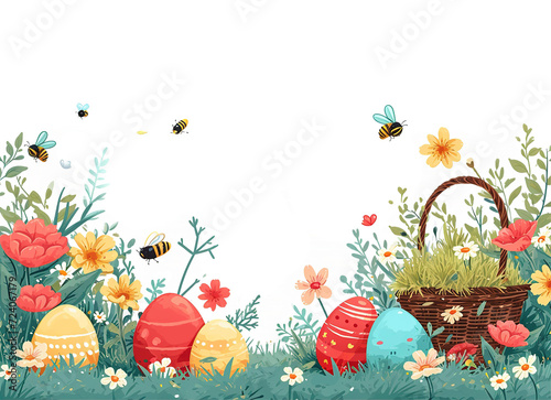 2D Easter background with flowers, Easter eggs, bees, spring grass and copy space
