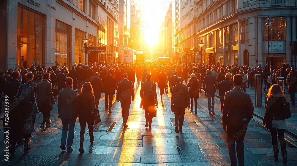 Obraz premium Dynamic city environment with people silhouettes are walking among tall buildings at dusk.