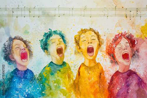 A group of choir singers. Watercolor illustration. Music.  photo