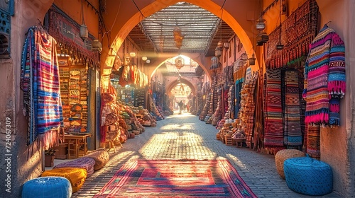 Old narrow street of the traditional Arabian Bazaar Market. Small shops are selling ceramics, carpets, spices fruits and souvenirs photo