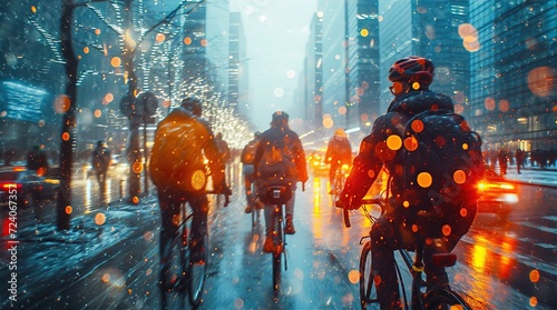Dynamic city environment with people silhouettes are cycling  among tall buildings at dusk. Motion blur layers