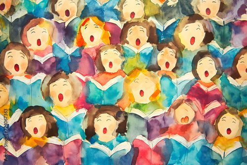 A group of choir singers. Watercolor illustration. Music.  photo