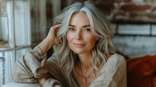 Portrait of very beautiful aged woman model with grey hair looking to camera.