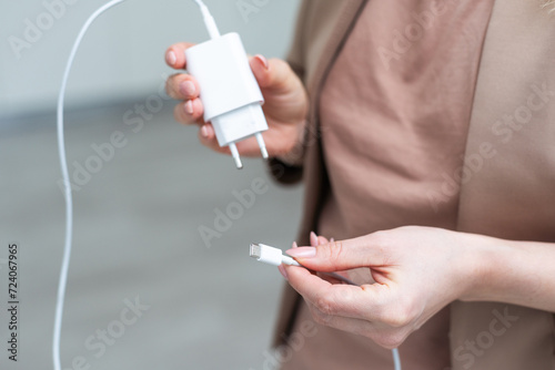 Quadro em tela woman holding Electrical adapter. hand holding charger