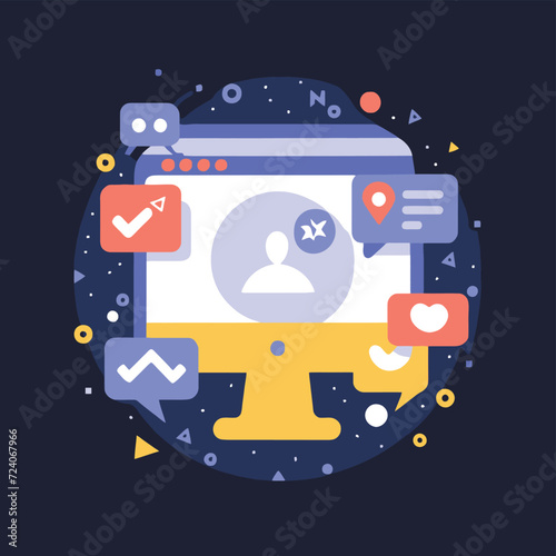 2d vector illustration colorful social media boost , influence blogger E-marketer via Internet pages marketing referral