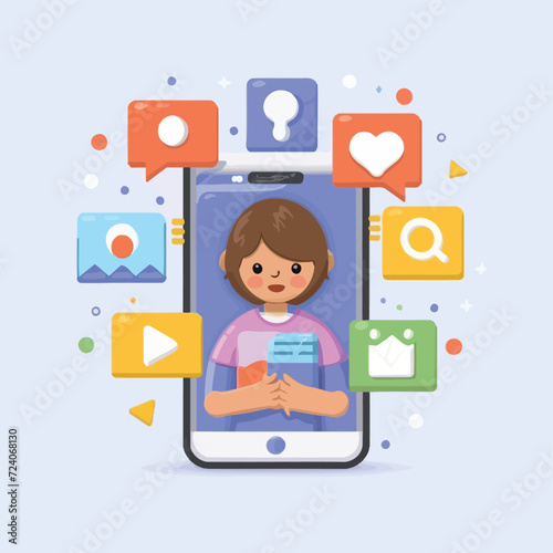 2d vector illustration colorful social media boost , influence blogger E-marketer via Internet pages marketing referral