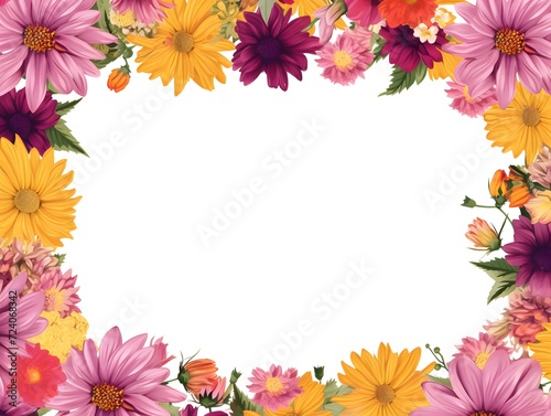 Yellow and pink daisies surrounding a white background, copy space