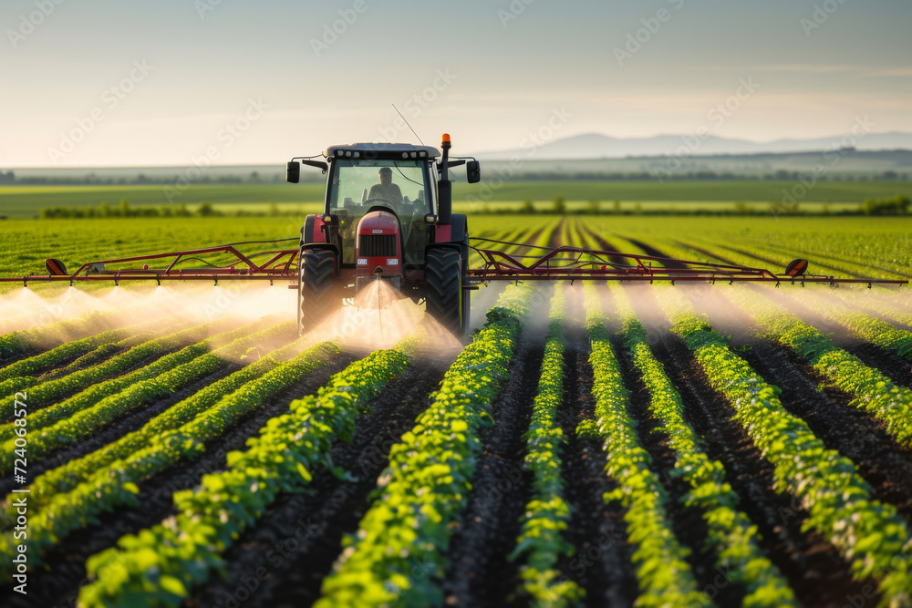 Agriculture tractor spraying fertilizer on agricultural field. Smart agriculture farming, agricultural food crops technology concept.