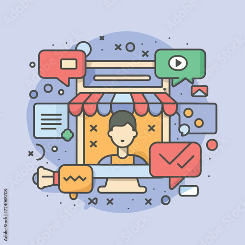 2d vector illustration colorful social media boost , influence blogger E-marketer via Internet pages marketing referral