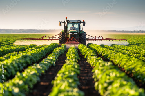 Agriculture tractor spraying fertilizer on agricultural field. Smart agriculture farming, agricultural food crops technology concept. © TANATPON