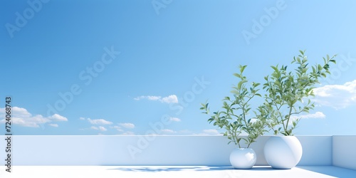 Clean clear view from a white terrace patio on a bright sunny day with blue sky, product placement, copy space, plant pots photo