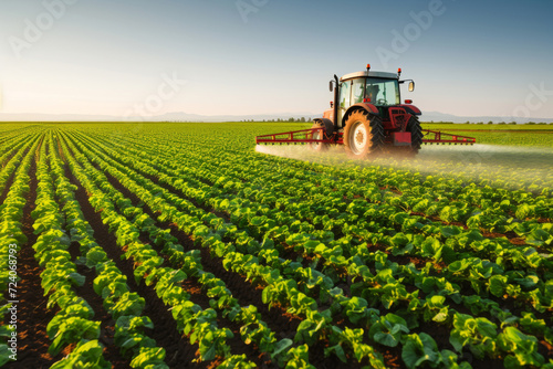 Agriculture tractor spraying fertilizer on agricultural field. Smart agriculture farming, agricultural food crops technology concept.