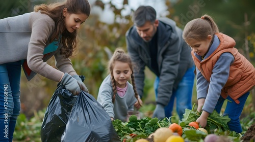 Families composting food waste, recycling, and filling donation bags