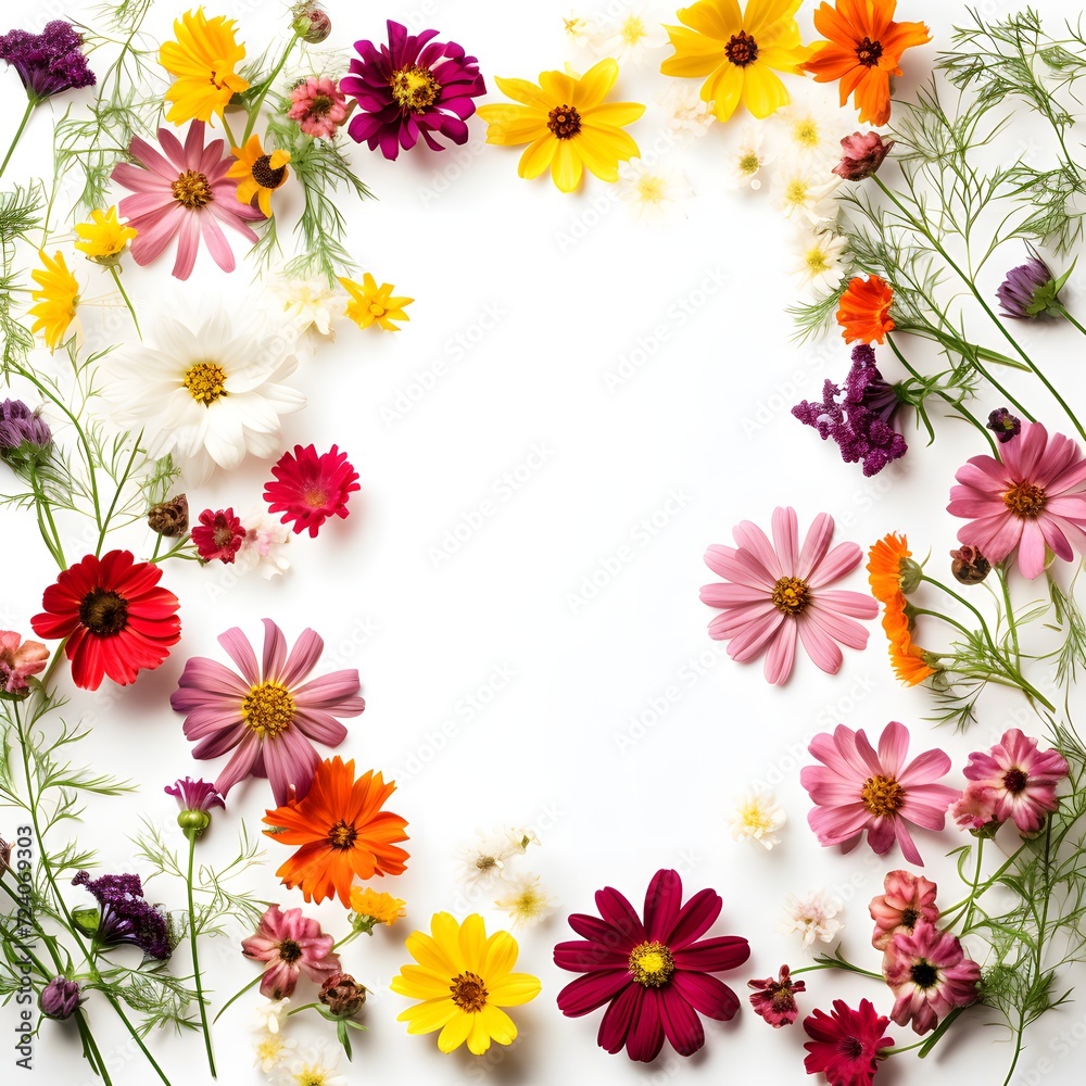 Colourful summer garden flowers forming a square frame on a white background with copy space 