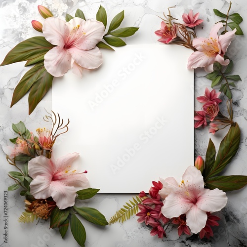 Pink lilies surrounding a piece of white card, copy space