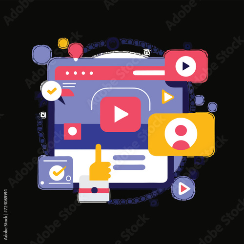 2d vector illustration colorful social media boost , influence blogger E-marketer via Internet pages marketing referral