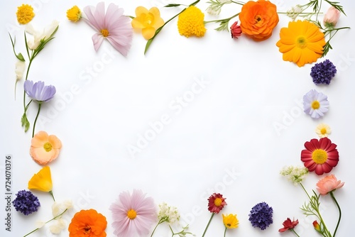 Colourful wildflowers forming a frame on a white background with copy space 